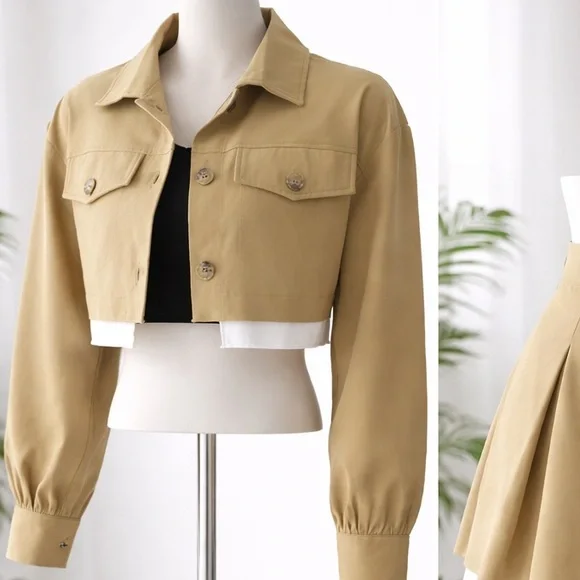 Cropped Khaki Jacket and Pleated Skirt Set - Khaki with White Trim - Picture 5 of 8